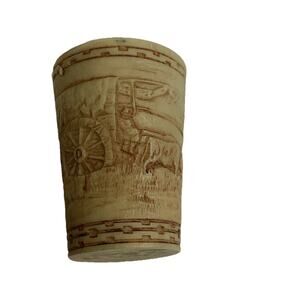 Antique Engraved Hand Carved Toothpick Holder Buffalo Pulling Wagon - 2.25”H